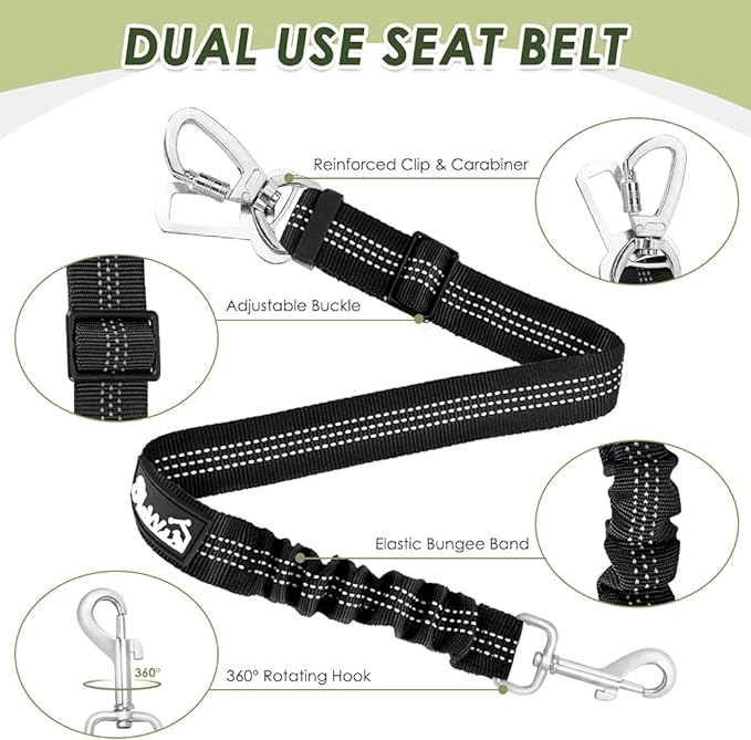 SlowTon Dog Seat Belt Harness for Car, Dog Car Harness Adjustable Mesh Breathable &amp; Dog Seatbelt Safety Tether with Elastic Bungee for Small Medium Large Pets(Black, Double Clip, XXXS)