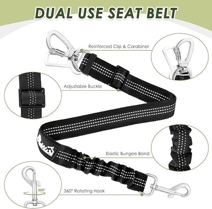 SlowTon Dog Seat Belt Harness for Car, Dog Car Harness Adjustable Mesh Breathable &amp; Dog Seatbelt Safety Tether with Elastic Bungee for Small Medium Large Pets(Black, Double Clip, XXXS)