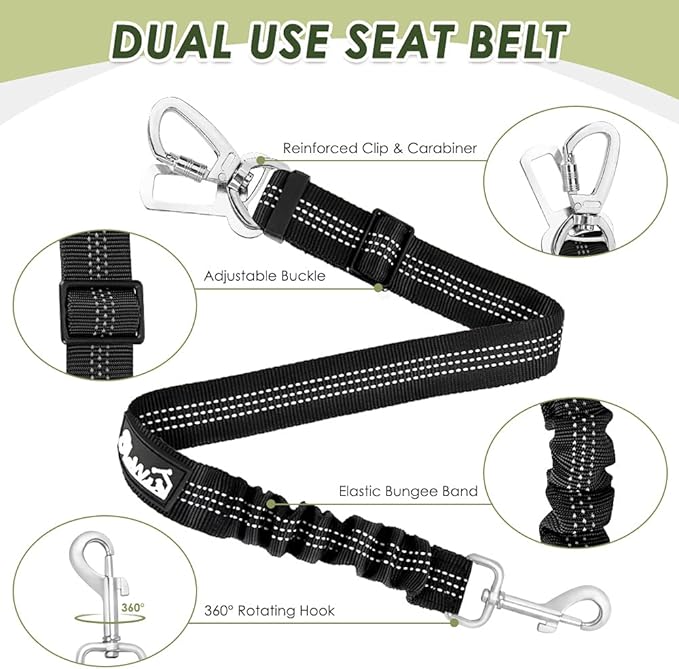 SlowTon Dog Seat Belt Harness for Car, Dog Car Harness Adjustable Mesh Breathable &amp; Dog Seatbelt Safety Tether with Elastic Bungee for Small Medium Large Pets(Black, Double Clip, XS)
