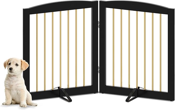 Freestanding Pet Gate for Dogs, Foldable Wooden Dog Gate for House, Stairs, Doorways, Step Over Pet Puppy Safety Fence,Support Feet Included,24" Height 2 Panels, Black&amp;Gold