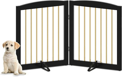 Freestanding Pet Gate for Dogs, Foldable Wooden Dog Gate for House, Stairs, Doorways, Step Over Pet Puppy Safety Fence,Support Feet Included,24" Height 2 Panels, Black&amp;Gold