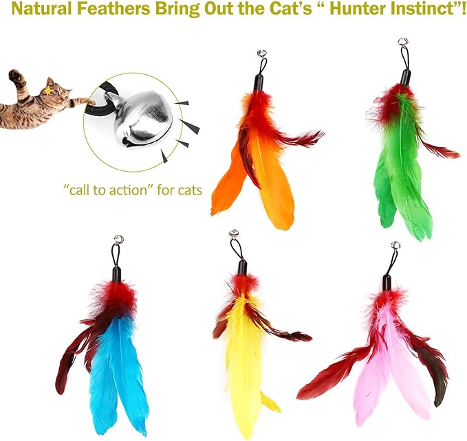 11PCS Cat Feather Toys Refills, 10PCS Feathers and 1PC String, Interactive Cat Wand Toy Replacement for Bored Indoor Adult Cats &amp; Kittens