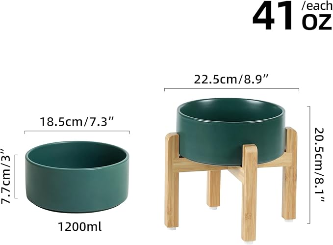 Ceramic Elevated Dog Bowl Set, Food and Water Bowl for Medium Dogs, Weighted Dishes, Green (7.3&