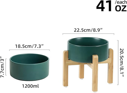Ceramic Elevated Dog Bowl Set, Food and Water Bowl for Medium Dogs, Weighted Dishes, Green (7.3&