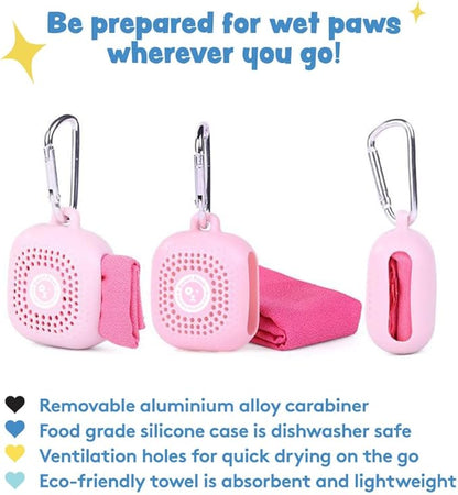 Sweet Paws Portable Dog Paw Towel, Lightweight &amp; Super Absorbent Microfiber, Clips onto Leash, Quick Drying Towel for Dogs Paws with Silicone Case, Dry Dog’s Paws on The Go - Small - 3 Pieces Set