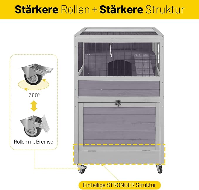 Aivituvin Rabbit Hutch Rabbit Cage Outdoor &amp; Indoor on Wheels Bunny cage with Deep No Leak Pull Out Tray,Upgrade Version (Gray)