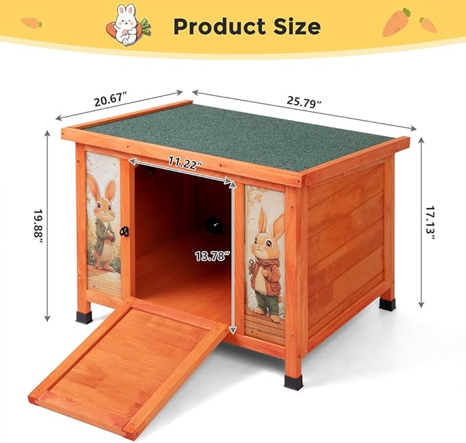 COZIWOW 24in Wooden Cat House Outdoor &amp; Indoor Pet Shelter with Foldable Ramp - Weatherproof Rabbit Hutch with Unique Machine-Printed Art Designs for Cat, Rabbit, Guinea Pig (Orange)