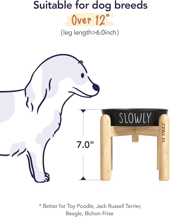 Ceramic Slow Feeder Bowl Elevated - 1.5 Cup with Wood Stand for Small &amp; Medium Breed, Anti-Gulping, Black