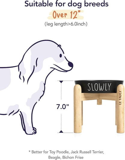 Ceramic Slow Feeder Bowl Elevated - 1.5 Cup with Wood Stand for Small &amp; Medium Breed, Anti-Gulping, Black
