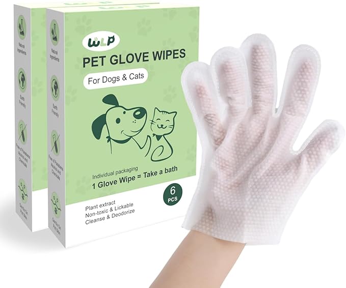 WLP Cleaning &amp; Deodorizing Glove Bath Wipes for Dogs and Cats, Hypoallergenic Nourish Fur Aloe Extract Jojoba Oil Pet Grooming Wipes for Daily and Travel (12 PCS)