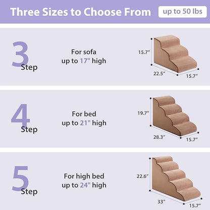 Dog Stairs for Small Dogs, 3-Steps Dog Ramp for Bed and Couch, Pet Stairs with Highly Supportive Foam and Non-Slip Bottom, Pet Steps for Cat &amp; Doggie (High 15.7 Inch)
