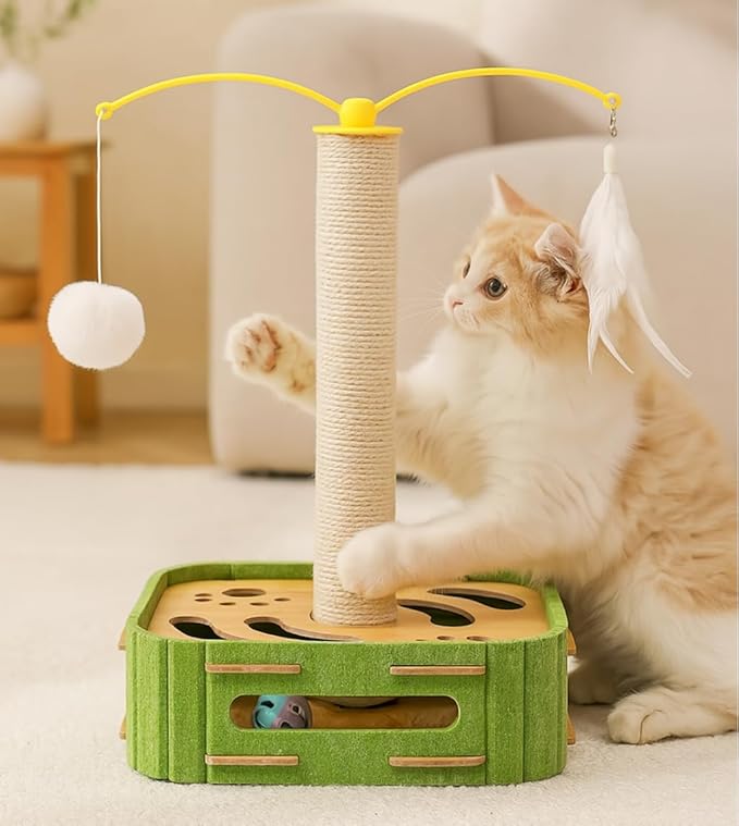 Interactive Cat Puzzle Toy - Scratching Post with Spinning Balls &amp; Feathers for Indoor Cats, Satisfies Hunting Instinct, Self-Play Mental Stimulation Game with Rolling Track