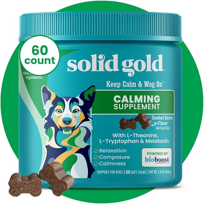 Solid Gold Calming Chews for Dogs - Dog Calming Chews W/Melatonin for Separation, Stress &amp; Hyperactivity Relief - Supports Relaxation for Travel, Fireworks &amp; Storms - All Ages &amp; Sizes - Bacon - 60ct