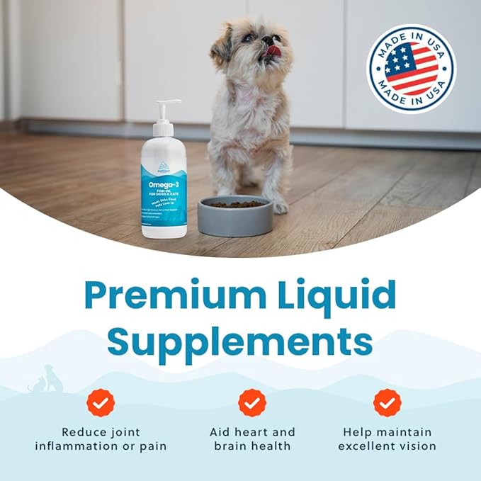 Wild-Caught Omega 3 Fish Oil for Dogs &amp; Cats, Liquid EPA DHA Supplement for Skin, Coat, Joints &amp; Heart, Low-Odor Omega 3 Drops for Small Dog Breeds &amp; Cats with Itchy Skin, 16 oz
