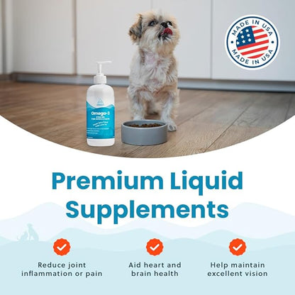 Wild-Caught Omega 3 Fish Oil for Dogs &amp; Cats, Liquid EPA DHA Supplement for Skin, Coat, Joints &amp; Heart, Low-Odor Omega 3 Drops for Small Dog Breeds &amp; Cats with Itchy Skin, 16 oz