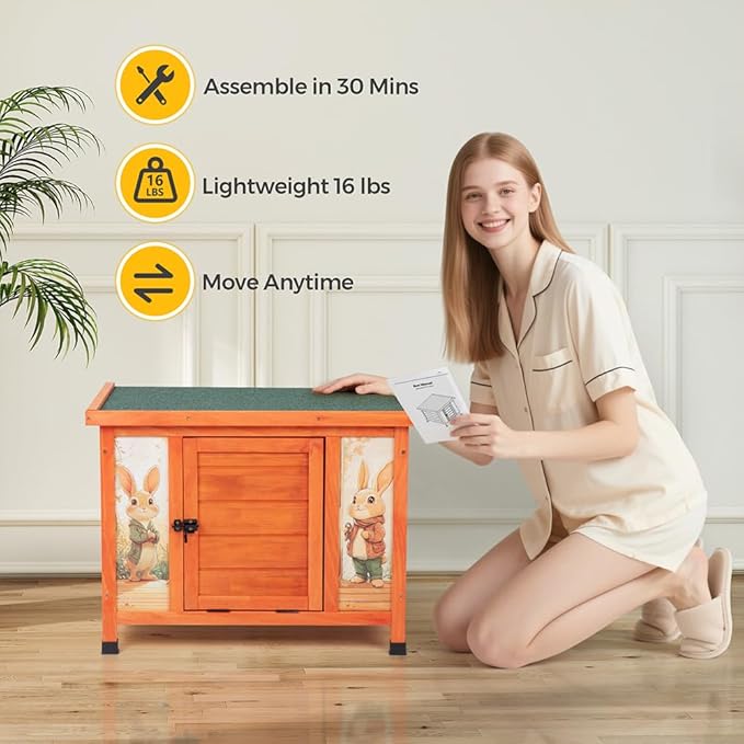 COZIWOW 24in Wooden Cat House Outdoor &amp; Indoor Pet Shelter with Foldable Ramp - Weatherproof Rabbit Hutch with Unique Machine-Printed Art Designs for Cat, Rabbit, Guinea Pig (Orange)