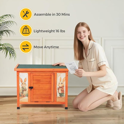 COZIWOW 24in Wooden Cat House Outdoor &amp; Indoor Pet Shelter with Foldable Ramp - Weatherproof Rabbit Hutch with Unique Machine-Printed Art Designs for Cat, Rabbit, Guinea Pig (Orange)