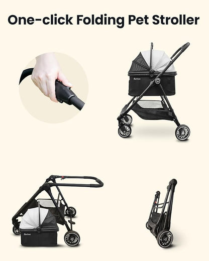 Pet Stroller for Small Dogs and Cats, One-Click Foldable Dog Stroller with Detachable Carrier &amp; 3 Safety Tethers, Holds up to 33 lbs, Storage Basket &amp; Cup Holder, Breathable Mesh, Black