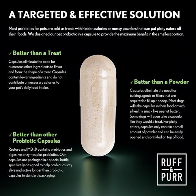 Ruff &amp; Purr Probiotics for Dogs – 3-in-1 Probiotics, Prebiotics and Digestive Enzymes for Gut Health, Immune Support, Healthy Skin and Coat – Clinically Studied DE111 &amp; PreforPro