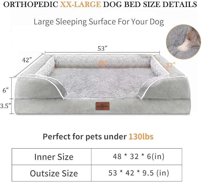 Comfort Expression XXL Dog Beds Waterproof for Extra Large Dogs, Orthopedic Memory Foam Dog Bed for Giant Dogs, Washable Pet Sofa Couch with Bolster &amp; Removable Cover(XX-Large,Light Grey)