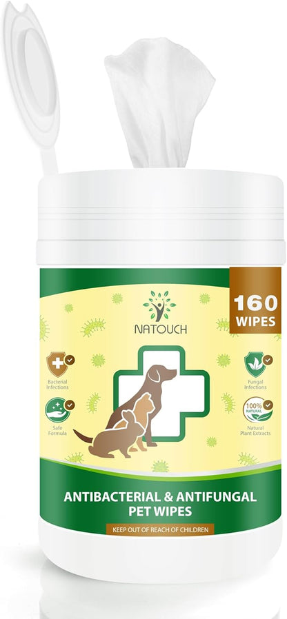 Antifungal and Antibacterial Wipes for Dogs &amp; Cats, Dog Yeast Infection Treatment Wipes, All Natural Grooming Wipes for Cleaning, Help with Hot Spots, Ringworm, and Skin Infections, 160 Count