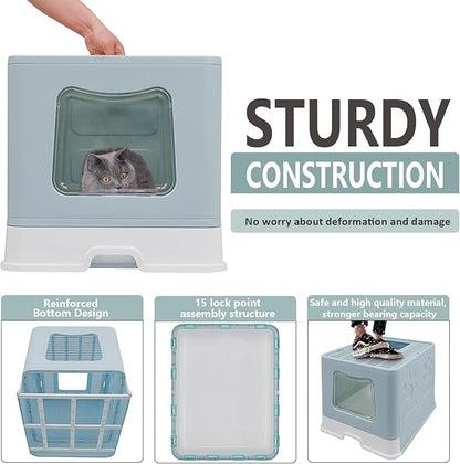 XL Foldable Cat Litter Box with Lid - Jumbo Enclosed Potty - Top Entry Anti-Splashing Toilet - Includes Scoop &amp; 2-in-1 Cleaning Brush (Blue