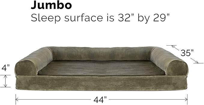 Furhaven Cooling Gel Dog Bed for Large Dogs w/ Removable Bolsters &amp; Washable Cover, For Dogs Up to 95 lbs - Faux Fur &amp; Velvet Sofa - Dark Sage, Jumbo/XL
