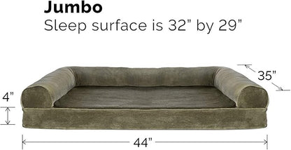 Furhaven Cooling Gel Dog Bed for Large Dogs w/ Removable Bolsters &amp; Washable Cover, For Dogs Up to 95 lbs - Faux Fur &amp; Velvet Sofa - Dark Sage, Jumbo/XL
