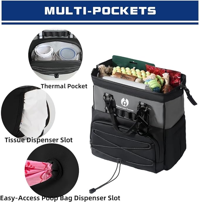 Dog Travel Bag, Airline Approved Pet Supplies Backpack, Dog Travel Backpack Accessories Set with 2 Silicone Collapsible Bowls and 1 Leash Clip for Camping, Road Trips &amp; Weekends Away（Black）