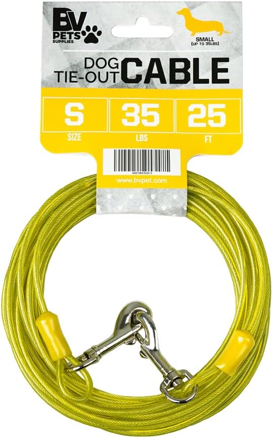 BV Dog Tie Out Cable 25 Feet - Heavy Duty Dog Lead Up to 35 Pounds - Reflective &amp; Rust-Free with Quick Release Swivel Clips &amp; 360° Rotating Clasp - Tangle-Free Dogs Runner for Yard (Yellow, Single)