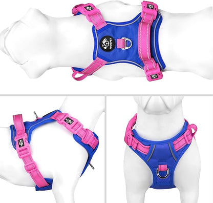 PHOEPET No Pull Dog Harness, Unique Colors Reflective Adjustable Dog Vest, with Soft Training Handle Metal Clips for Small Medium Large Dogs (Royal Blue Base &amp; Pink Straps,L)