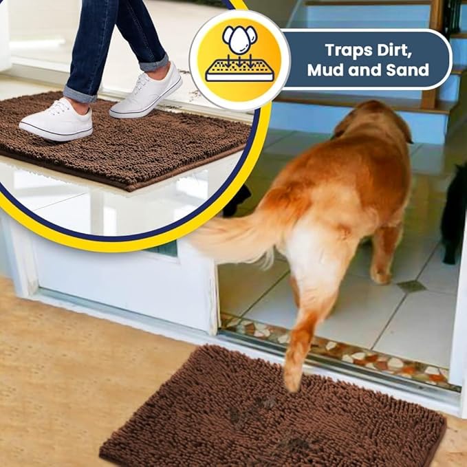Muddy Mat® Pack of 3 Highly Absorbent Microfiber Dog Door Mat and Pet Rug, Non Slip Thick Washable Area Mat Soft Chenille for Kitchen Bathroom Bedroom and Outdoor - Brown Small, Medium &amp; Large