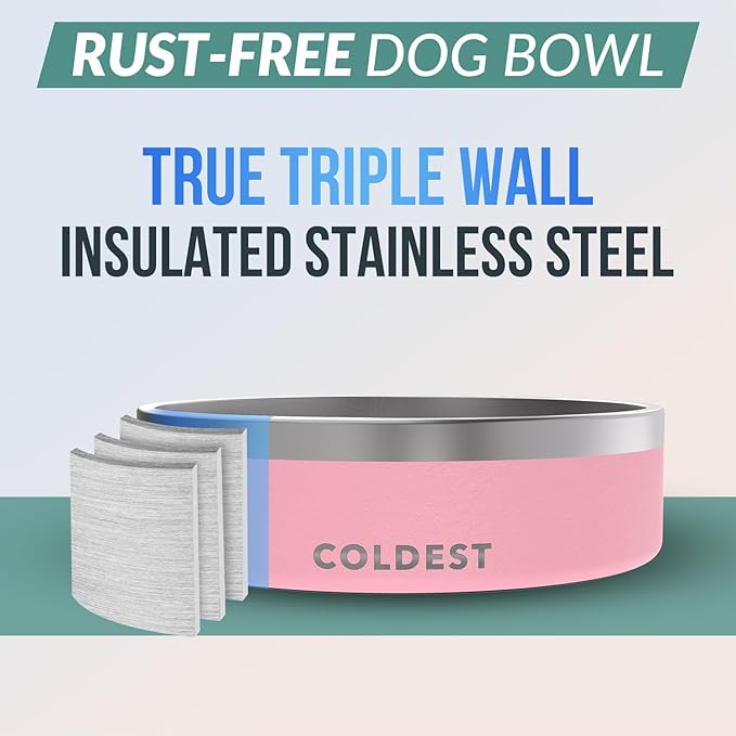 Coldest Dog Bowl - Anti Rust Metal, Non Slip, 3 Layers Insulated Stainless Steel Dog Bowls - Spill Proof &amp; Heavy Duty - Water Bowl for Dogs, Cats &amp; Pets, Dish Washer Safe (42 oz,Cotton Candy Pink)
