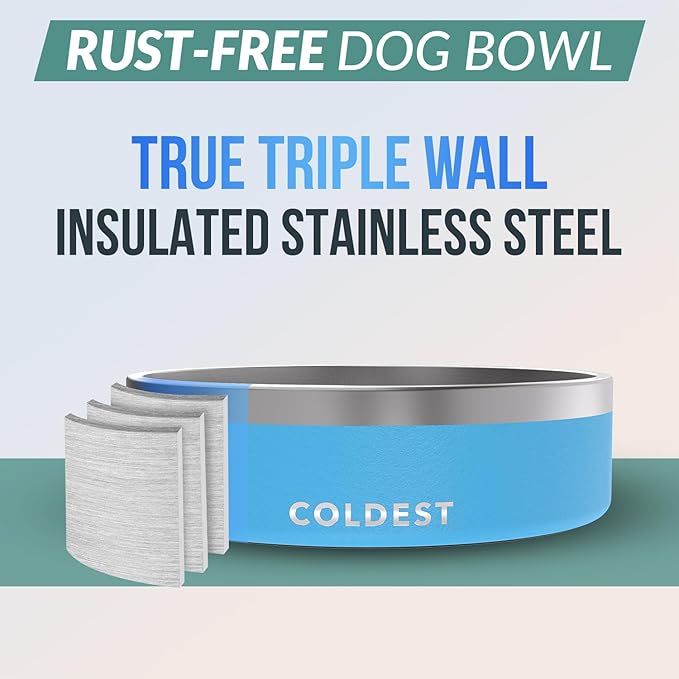 Coldest Dog Bowl - Anti Rust Metal, Non Slip, 3 Layers Insulated Stainless Steel Dog Bowls - Spill Proof &amp; Heavy Duty - Water Bowl for Dogs, Cats &amp; Pets, Dish Washer Safe (42 oz, Celestial Blue)