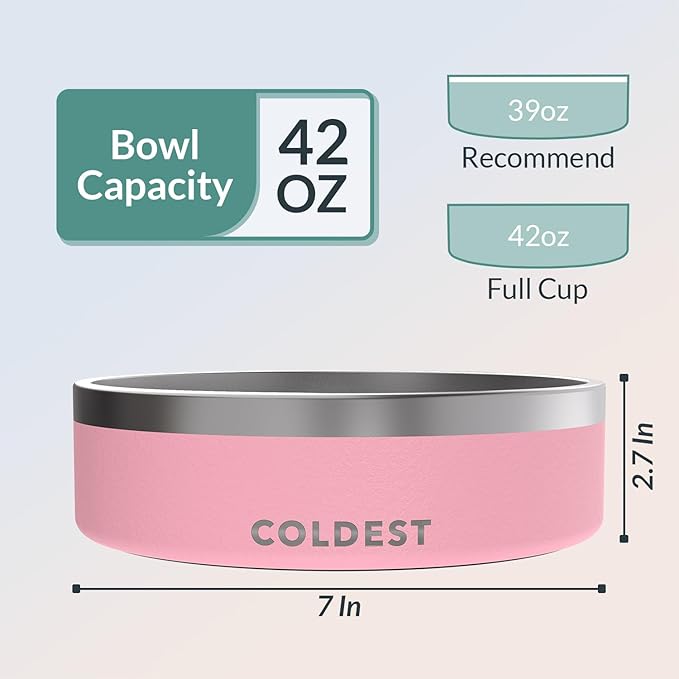 Coldest Dog Bowl - Anti Rust Metal, Non Slip, 3 Layers Insulated Stainless Steel Dog Bowls - Spill Proof &amp; Heavy Duty - Water Bowl for Dogs, Cats &amp; Pets, Dish Washer Safe (42 oz,Cotton Candy Pink)