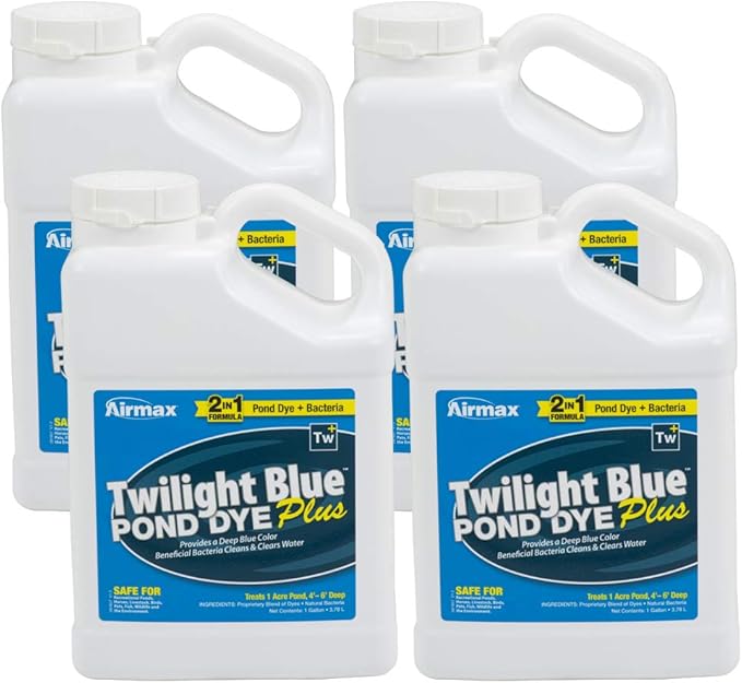 Airmax Pond Dye Plus, Twilight Blue Colorant &amp; Natural Beneficial Bacteria, Large Pond &amp; Lake Water Clarifier &amp; Color Treatment, Shade Plants &amp; Algae from Sunlight, Fish &amp; Livestock Safe, 4 Gallons
