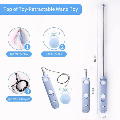 Cat Laser Toys, 2 in 1 Laser Pointer Cat Toys,Internative Cat Toys for Indoor Cats,3+5 Light Modes Cat Wand Toy, Retractable Cat Feather Toys, Long Range Kitten Toys,USB Rechargeable (Blue)