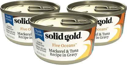 Five Oceans Solid Gold Wet Cat Food Shreds in Gravy - 3 Count Sample Pack - Real Tuna &amp; Mackerel Cat Food for All Ages - Grain Free, Sensitive Stomach
