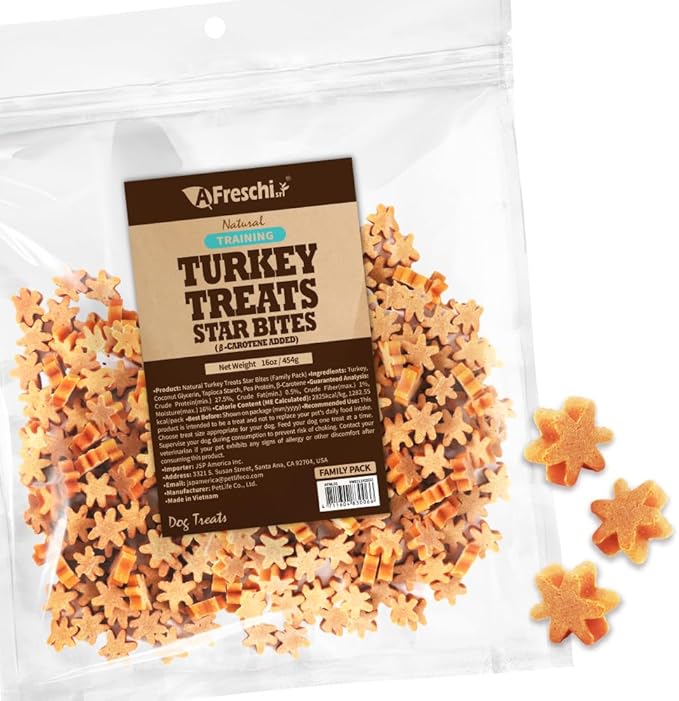 Afreschi Natural Turkey Treats Star Bites –16 oz, Hexagonal Shape, USA-Sourced Trukey, All-Natural, Hypoallergenic, Low-Fat, Healthy &amp; Easily Digestible, Puppy &amp; Training Snack &amp; Small Dogs