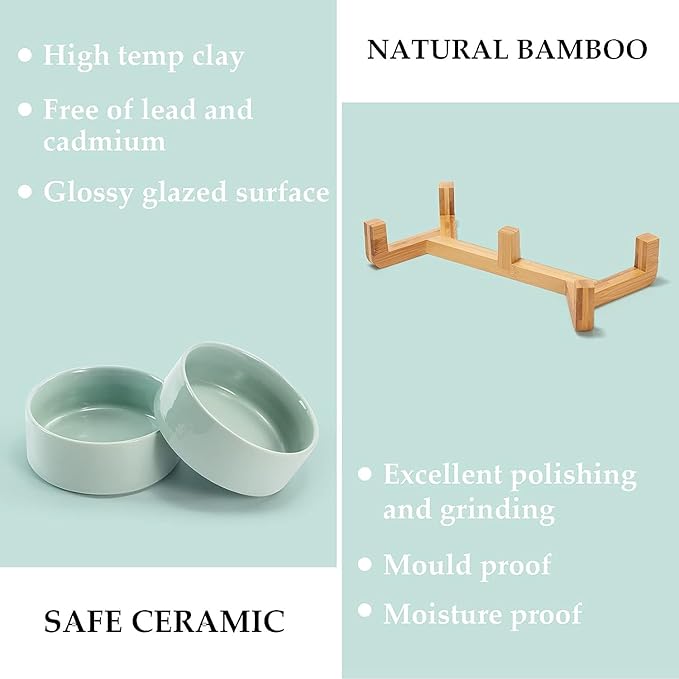 SPUNKYJUNKY Ceramic Dog and Cat Bowl Set with Wooden Stand, Modern Cute Weighted Food Water Set for Small Size Dogs (13.5OZ) &amp; Medium Sized Dogs (28.7OZ) &amp; Cats (1.7 Cups, 2 × Light Green)