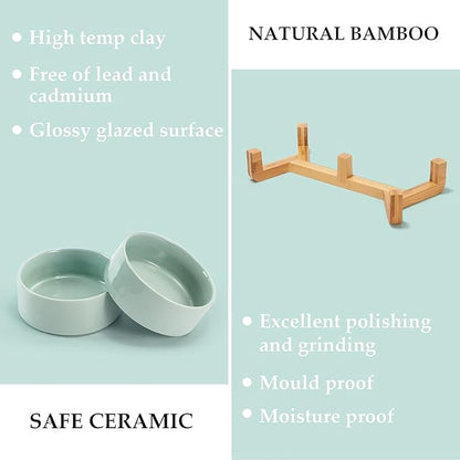 SPUNKYJUNKY Ceramic Dog and Cat Bowl Set with Wooden Stand, Modern Cute Weighted Food Water Set for Small Size Dogs (13.5OZ) &amp; Medium Sized Dogs (28.7OZ) &amp; Cats (1.7 Cups, 2 × Light Green)