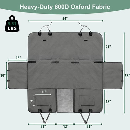 Dog Car Seat Cover for Back Seats 100% Waterproof with Metal Buckle Mesh Window Scratch Proof Heavy Duty Rear Backseat Protector Hammock for Pet, SUV Truck Vehicle Accessories, 54" x 58", Grey