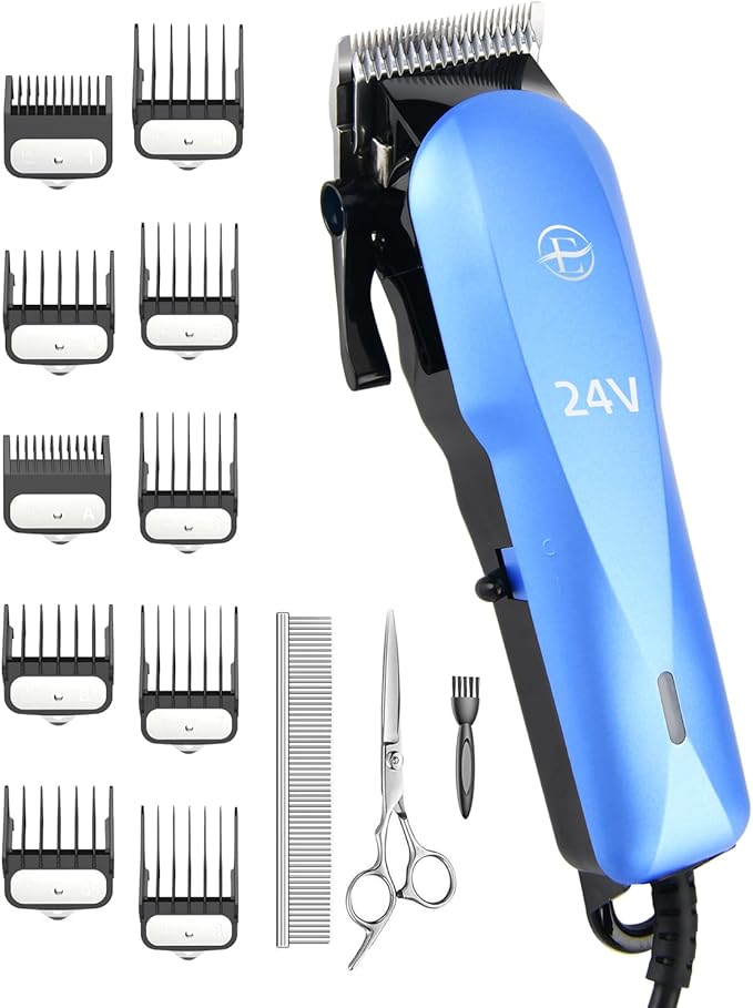 Professional Dog Grooming Clippers Kit, 24V High Power for Thick Coats, Quiet Dog Clippers with 10 Metal Guard Combs &amp; Brush, Ideal Dog Hair Remover for Cats and Pets