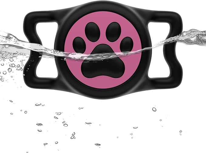 IP68 Waterpoof Dog Air tag Holder, Stretchy Silicone Full Body Covered Apple Air Tag Holder for Dog Cat Collar Fit All Width Collar (Black &amp; Rose, 1 Pack)
