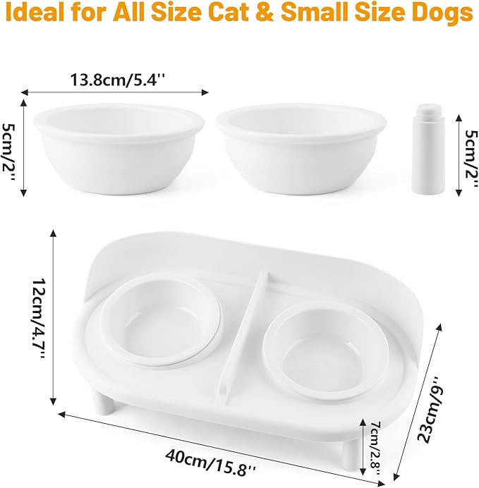 Elevated Cat Bowls, Tilted Rised Cat Food and Water Bowl with 2 Pcs Ceramic Pet Bowls, Rised Stand, Pet Dish Anti Vomiting Feeding Station for All Sized Cats &amp; Small Dogs (White)