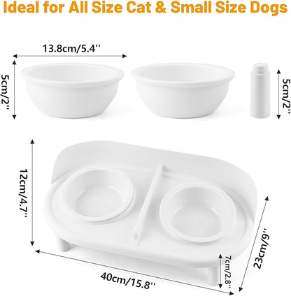Elevated Cat Bowls, Tilted Rised Cat Food and Water Bowl with 2 Pcs Ceramic Pet Bowls, Rised Stand, Pet Dish Anti Vomiting Feeding Station for All Sized Cats &amp; Small Dogs (White)
