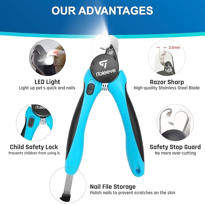 LED Dog Nail Clipper with Light, Illuminates Nails or Bloodline for Safe and Easy Trimmers, Extra Sharp for Thick Nails, Quick Sensor, Avoid Over Cutting Toenail, for Cats &amp; Dogs