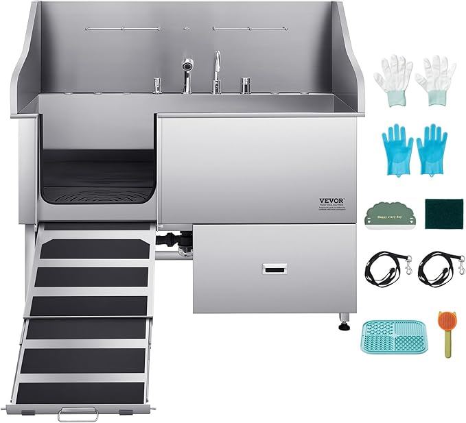 VEVOR Professional 304 Stainless Steel Dog Bathing Station, 61 inch Pet Grooming Tub w/Anti-Slip ramp, Storage Drawer, Cold Hot Faucet Showerhead, for Large &amp; Medium &amp; Small (Left Door, with Drawer)
