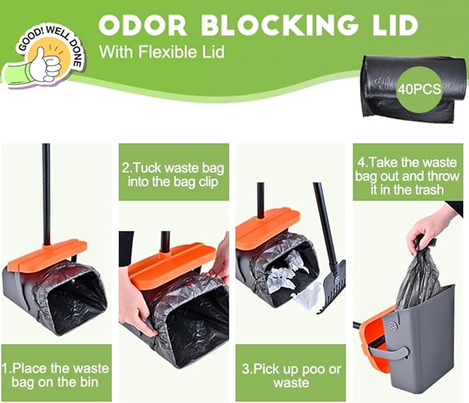 Pooper Scooper Swivel Bin &amp; Rake Kit with 55 Waste Bags, 46" Long Handle Adjustable Portable Non-Breakable Dog Pooper Scooper Easy to Clean Pet Waste