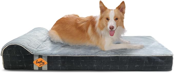 Laifug Orthopedic Memory Foam Extra Large Dog Bed with Pillow and Durable Water Proof Liner &amp; Removable Washable Cover &amp; Smart Design (Large (46"x28"x8"), Black Grid Gray)
